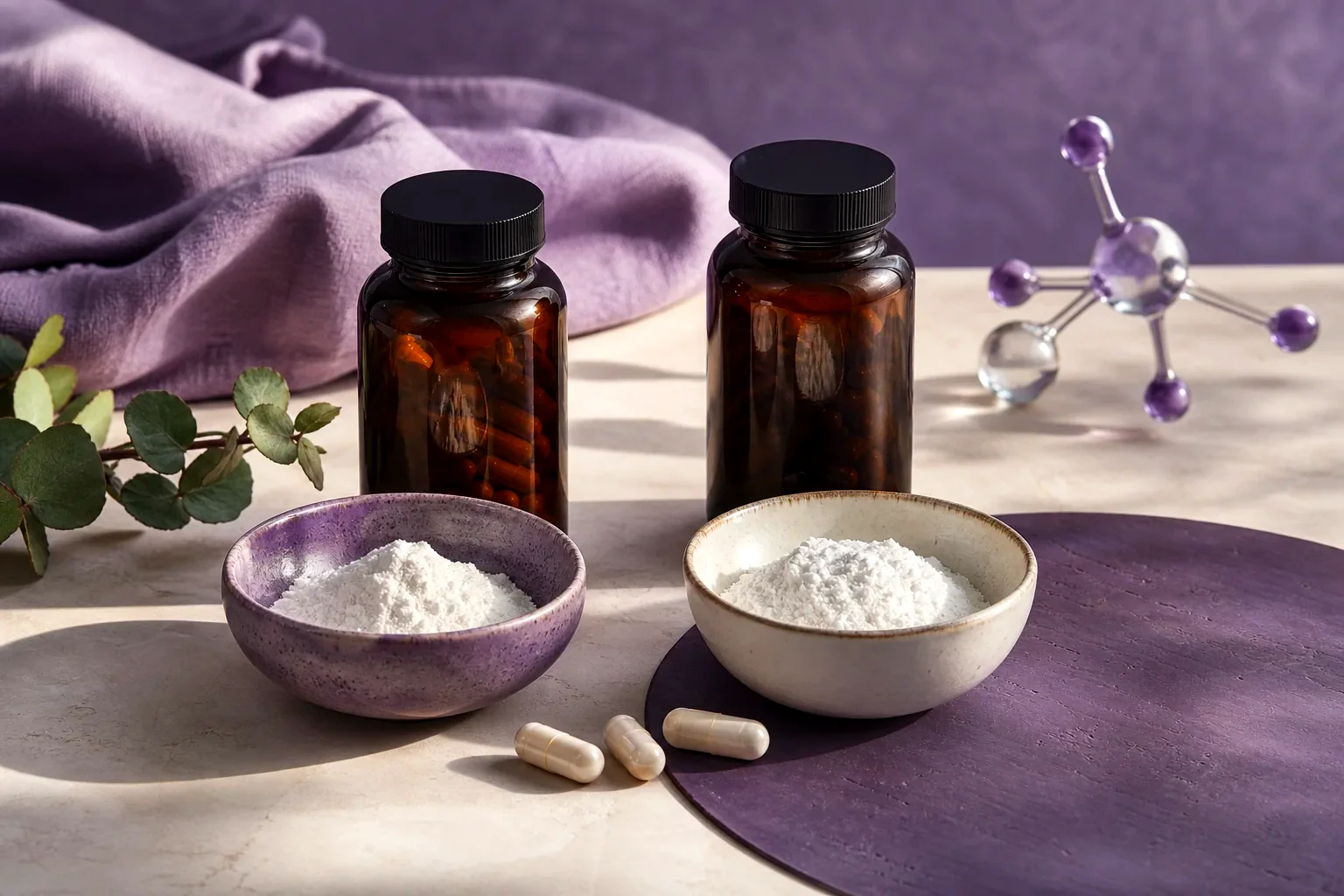 Magnesium form comparison with unbranded supplement bottles and mineral powders