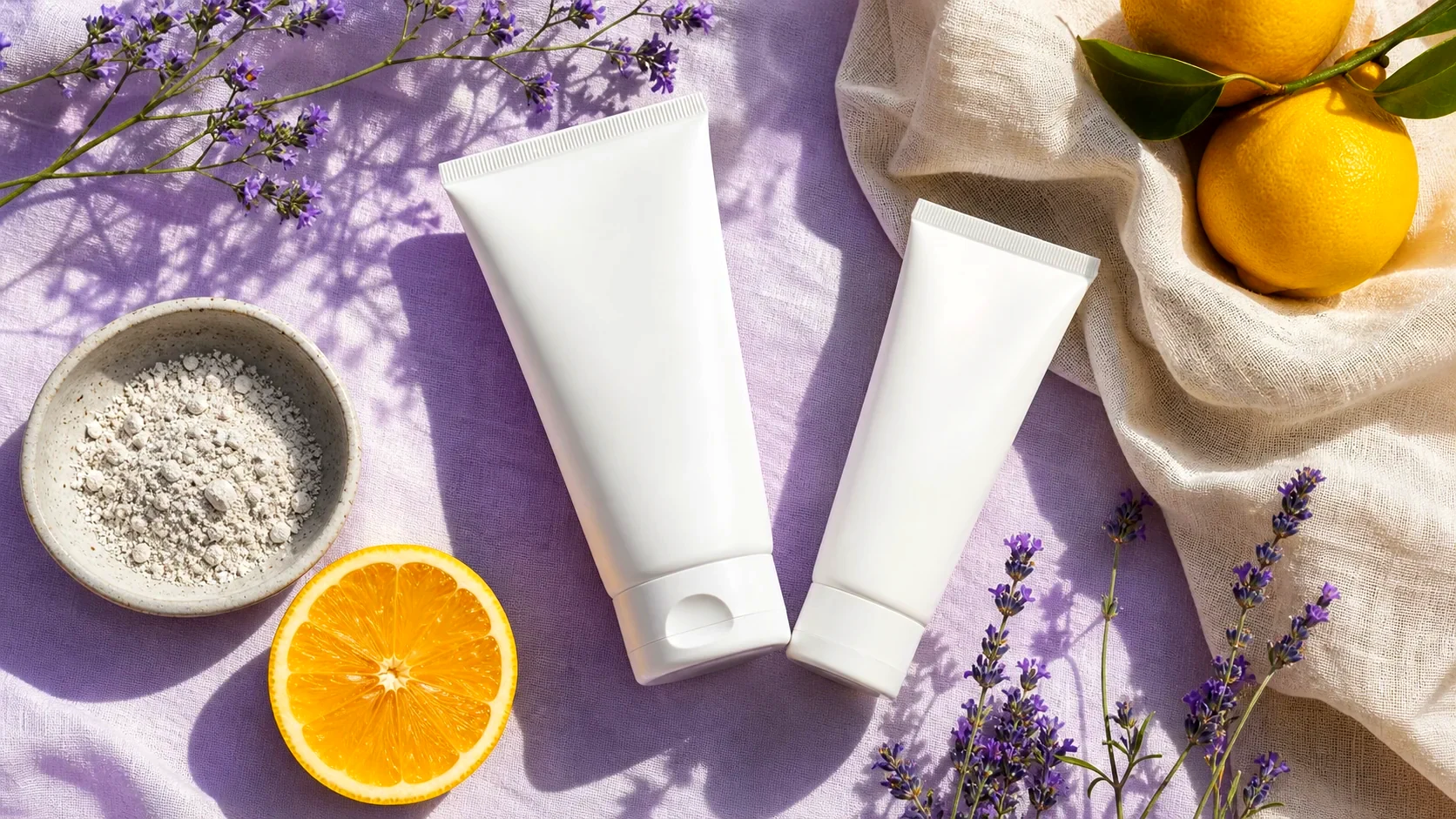 Unbranded sunscreen tubes with mineral powder and citrus on a lilac cloth