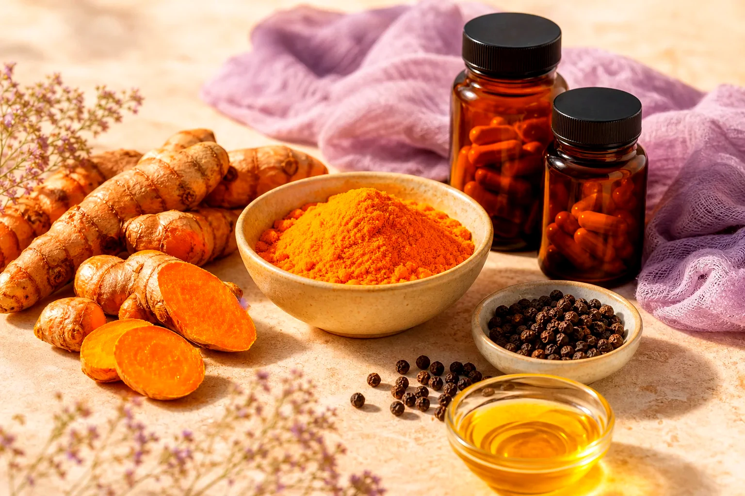 Turmeric root, curcumin powder, black pepper and oil editorial still life