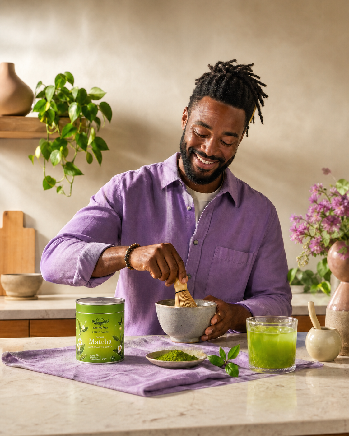 AI-generated editorial matcha preparation scene featuring Soaring Free Organic Matcha