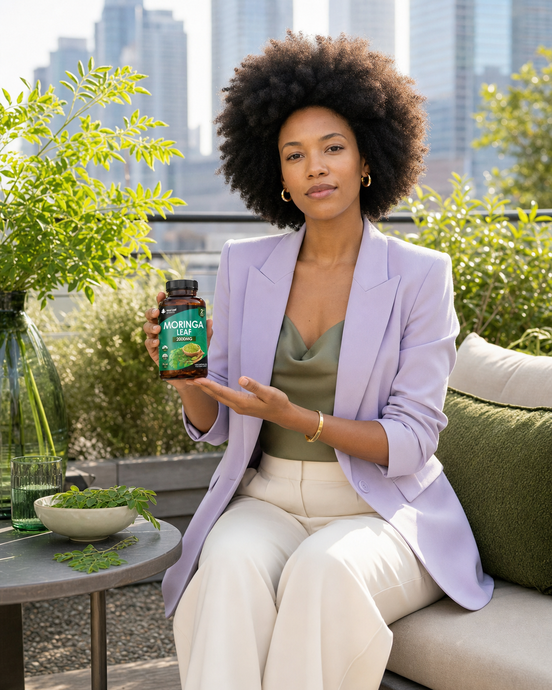 AI-generated editorial city-terrace background containing an authorised photograph of New Leaf Moringa packaging; the packaging itself was not AI-generated