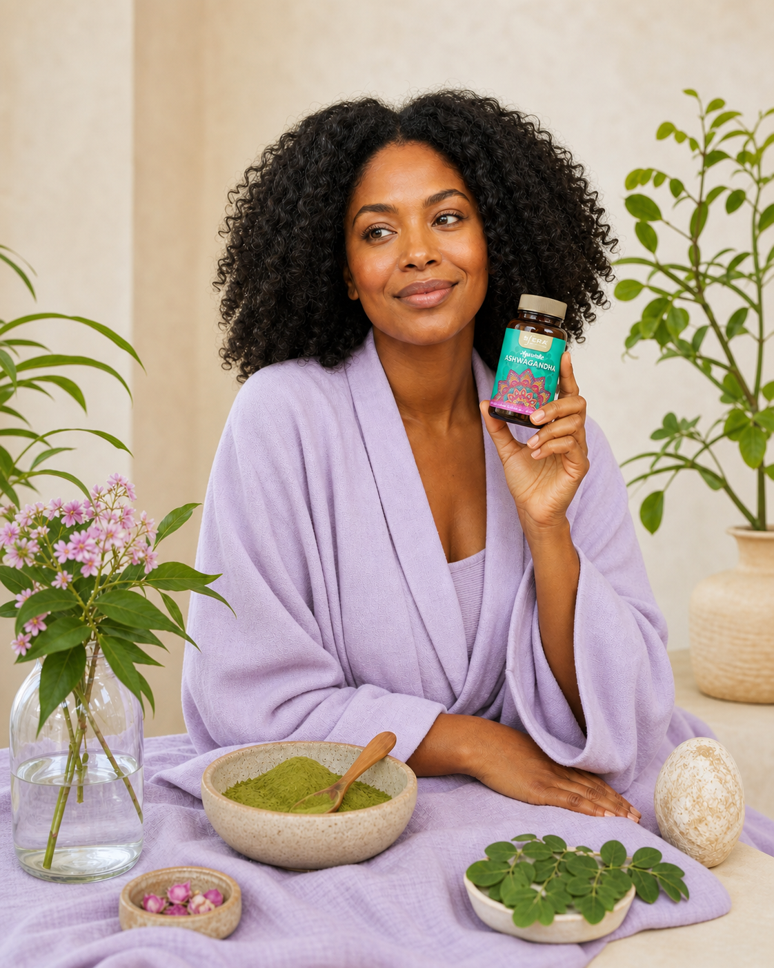 AI-generated editorial wellness background containing an authorised photograph of Sfera Ashwagandha packaging; the packaging itself was not AI-generated
