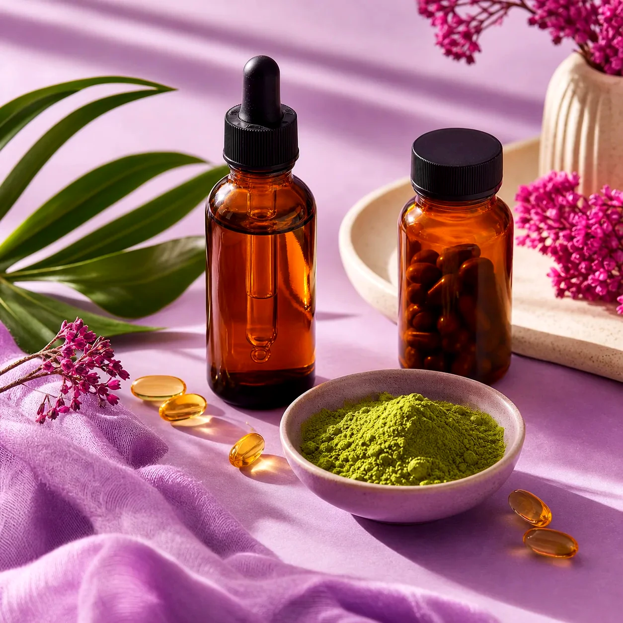 Unbranded wellness and beauty products with matcha on a lilac tabletop
