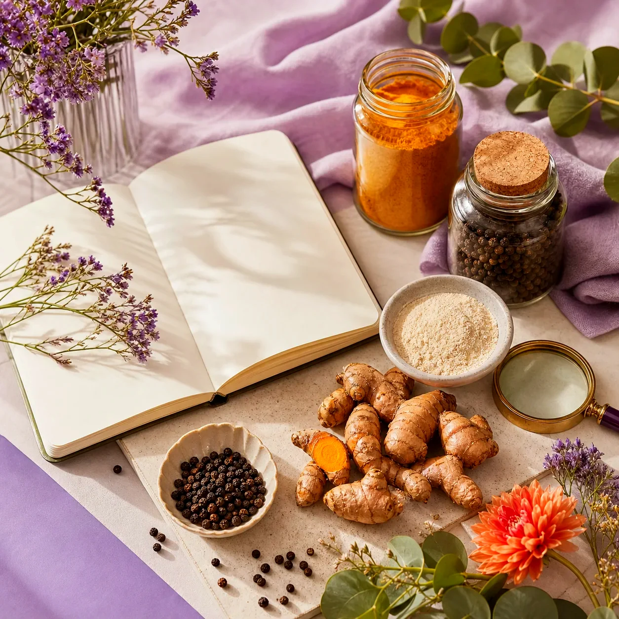 Ingredient research scene with turmeric, peppercorns, an open notebook and botanical details