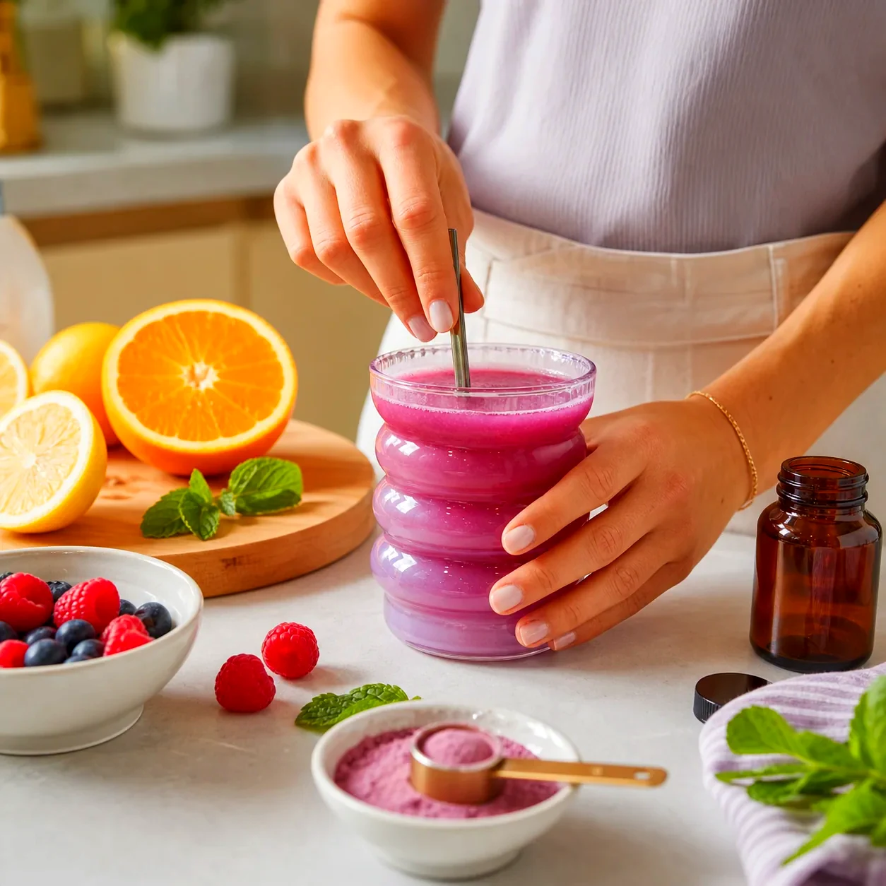 Hands preparing a colorful alcohol-free wellness drink with fruit and herbs