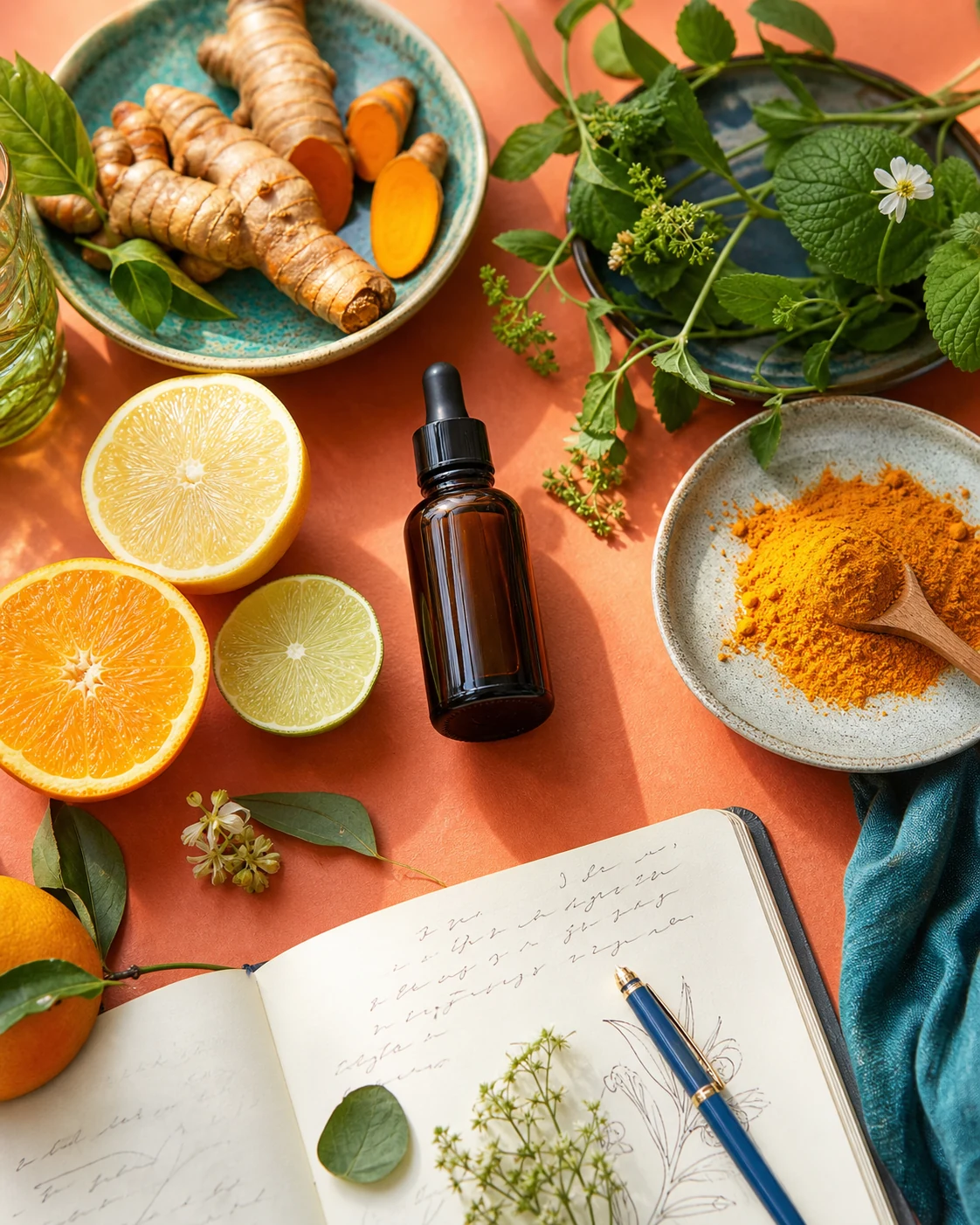 Colourful ingredient research still life with turmeric, citrus and botanicals
